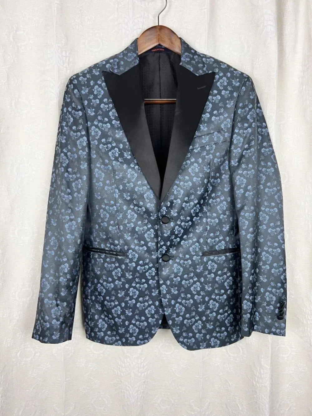 Egara slim fit dinner jacket jacquard blue floral satin 38R 2-button suit blazer